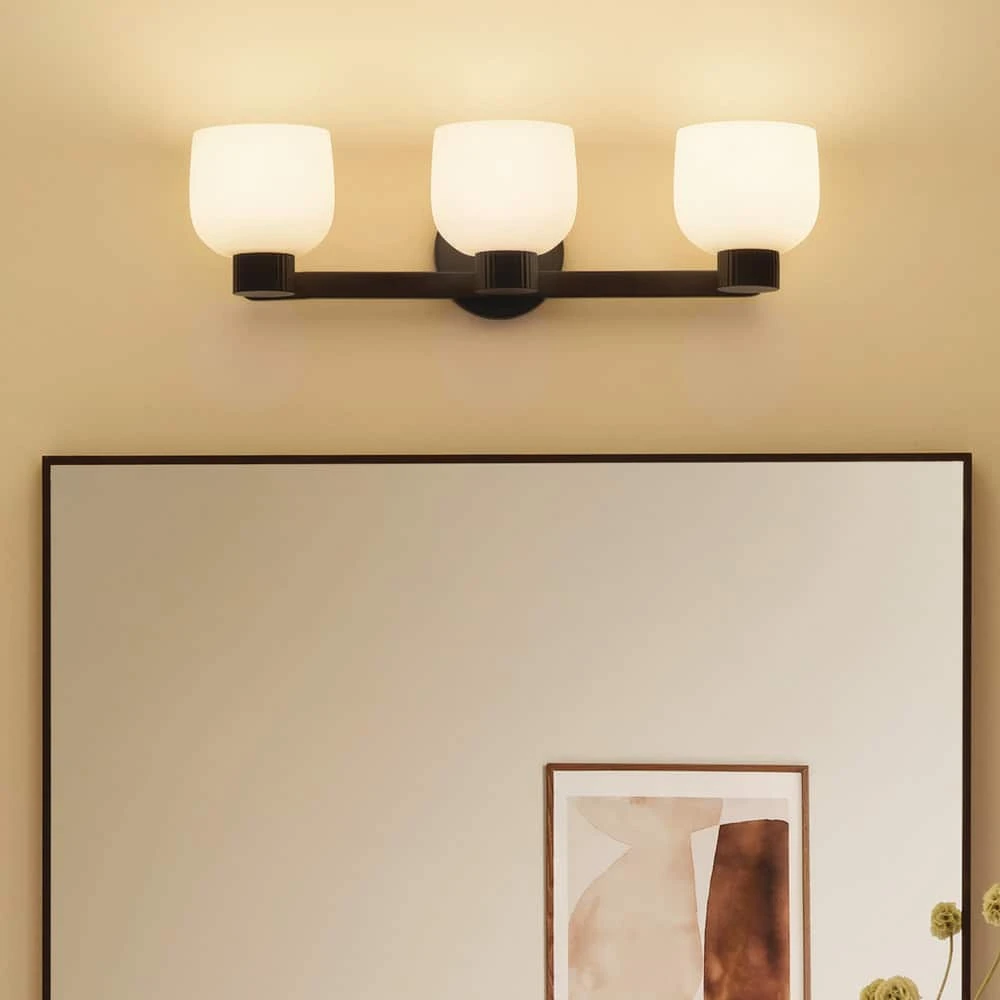 KICHLER Raldric 24in 3-Light Black Modern Bathroom Vanity Light with Satin Etched White Glass