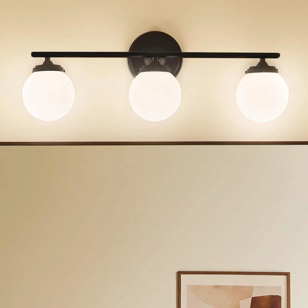 KICHLER Wynton 24in 3-Light Black Mid-Century Modern Bathroom Vanity Light with Satin Etched Cased Opal Glass