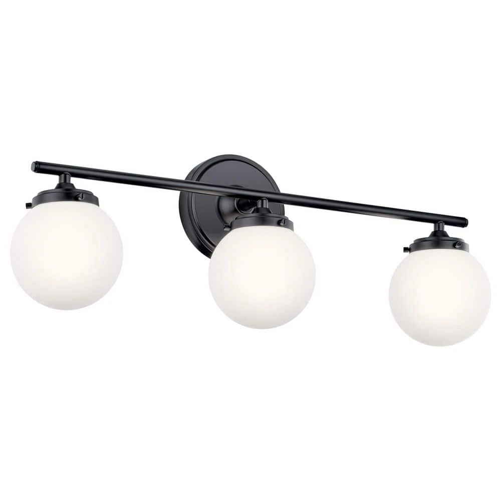 KICHLER Wynton 24in 3-Light Black Mid-Century Modern Bathroom Vanity Light with Satin Etched Cased Opal Glass photo 2