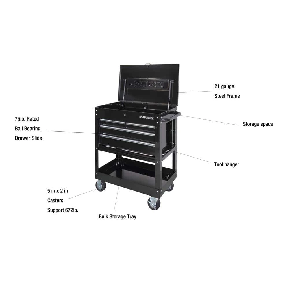 HUSKY 33in W 4-Drawer Mechanics Tool Utility Cart in Gloss Black photo 2